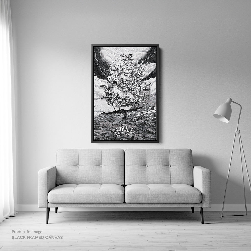 Howl's Moving Castle - Black and White - Canvas & Glass Print